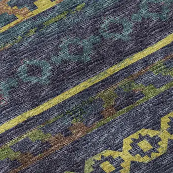 10' X 14' Navy Blue Gold And Purple Tribal Washable Area Rug With UV Protection