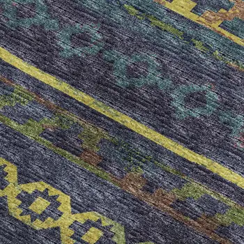 10' X 14' Navy Blue Gold And Purple Tribal Washable Area Rug With UV Protection