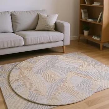 8' Coffee Ivory And Gray Botanical Leaves Washable Round Rug With UV Protection