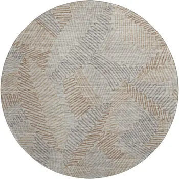 8' Coffee Ivory And Gray Botanical Leaves Washable Round Rug With UV Protection