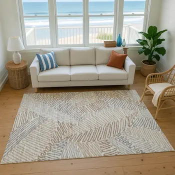 8' X 10' Coffee Ivory And Gray Botanical Leaves Washable Area Rug With UV Protection