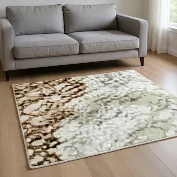 8' X 10' Coffee Ivory And Gray Botanical Leaves Washable Area Rug With UV Protection