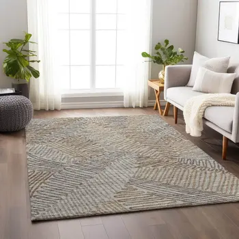 8' X 10' Coffee Ivory And Gray Botanical Leaves Washable Area Rug With UV Protection