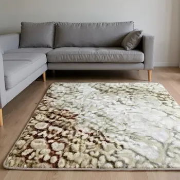 10' X 14' Coffee Ivory And Gray Botanical Leaves Washable Area Rug With UV Protection