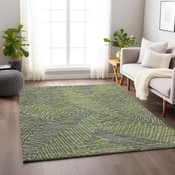 3' X 5' Green And Gray Botanical Leaves Washable Area Rug With UV Protection