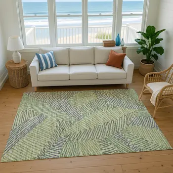 9' X 12' Green And Gray Botanical Leaves Washable Area Rug With UV Protection