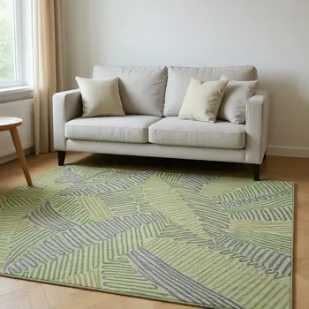 9' X 12' Green And Gray Botanical Leaves Washable Area Rug With UV Protection