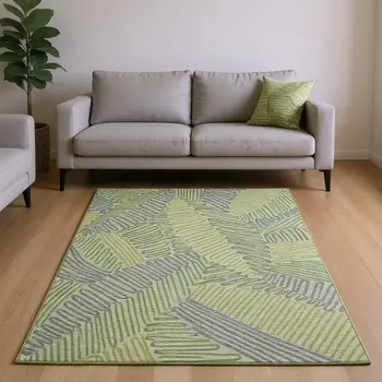 10' X 14' Green And Gray Botanical Leaves Washable Area Rug With UV Protection