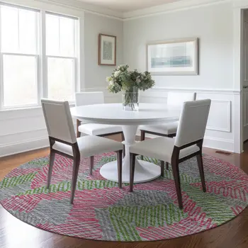 8' Pink Green And Gray Botanical Leaves Washable Round Rug With UV Protection