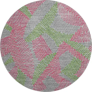 8' Pink Green And Gray Botanical Leaves Washable Round Rug With UV Protection