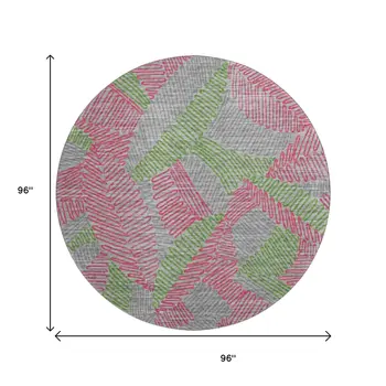 8' Pink Green And Gray Botanical Leaves Washable Round Rug With UV Protection