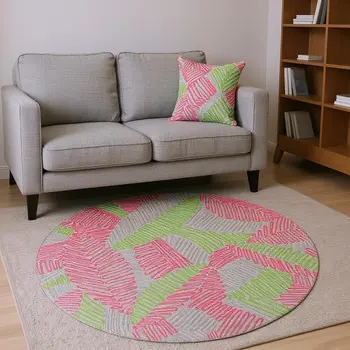 8' Pink Green And Gray Botanical Leaves Washable Round Rug With UV Protection