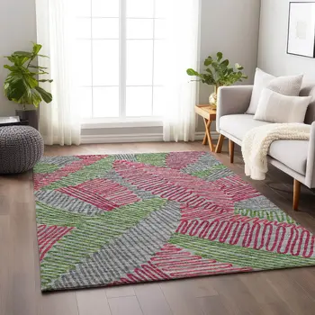 8' X 10' Pink Green And Gray Botanical Leaves Washable Area Rug With UV Protection