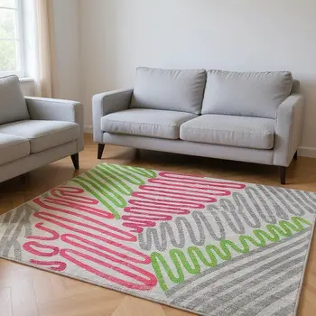 8' X 10' Pink Green And Gray Botanical Leaves Washable Area Rug With UV Protection
