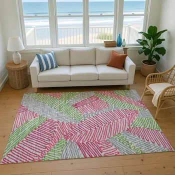 10' X 14' Pink Green And Gray Botanical Leaves Washable Area Rug With UV Protection