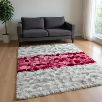 10' X 14' Pink Green And Gray Botanical Leaves Washable Area Rug With UV Protection