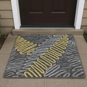 3' X 5' Gray Gold And Black Botanical Leaves Washable Area Rug With UV Protection