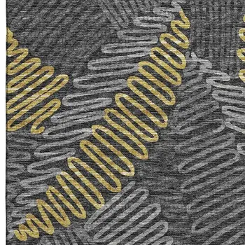 5' X 8' Gray Gold And Black Botanical Leaves Washable Area Rug With UV Protection