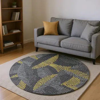 8' Gray Gold And Black Botanical Leaves Washable Round Rug With UV Protection