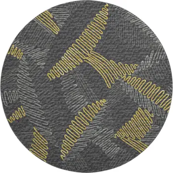 8' Gray Gold And Black Botanical Leaves Washable Round Rug With UV Protection
