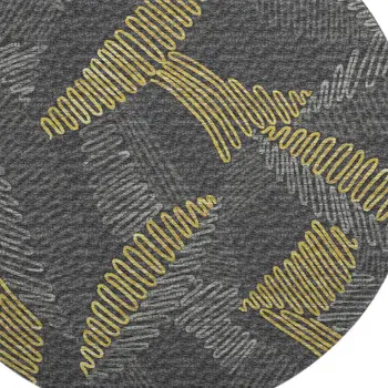 8' Gray Gold And Black Botanical Leaves Washable Round Rug With UV Protection
