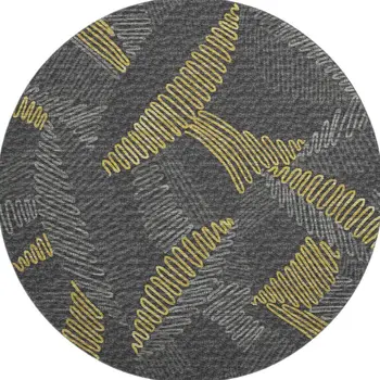 8' Gray Gold And Black Botanical Leaves Washable Round Rug With UV Protection