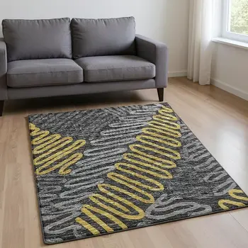 8' X 10' Gray Gold And Black Botanical Leaves Washable Area Rug With UV Protection