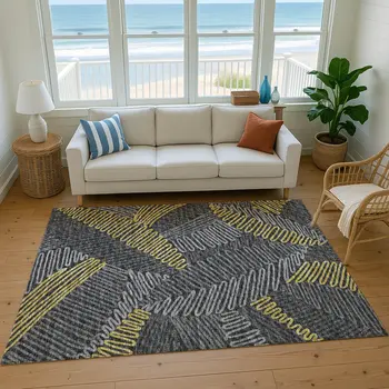 10' X 14' Gray Gold And Black Botanical Leaves Washable Area Rug With UV Protection