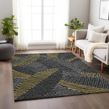 10' X 14' Gray Gold And Black Botanical Leaves Washable Area Rug With UV Protection