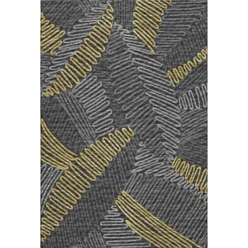 10' X 14' Gray Gold And Black Botanical Leaves Washable Area Rug With UV Protection
