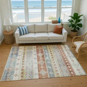 3' X 5' Desert Sand Rust And Ivory Tribal Washable Area Rug With UV Protection