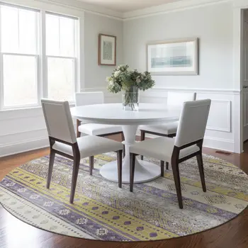 8' Purple Ivory And Gold Tribal Washable Round Rug With UV Protection