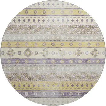 8' Purple Ivory And Gold Tribal Washable Round Rug With UV Protection