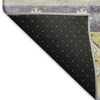 8' Purple Ivory And Gold Tribal Washable Round Rug With UV Protection