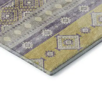 8' Purple Ivory And Gold Tribal Washable Round Rug With UV Protection