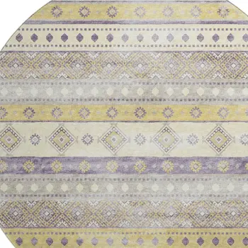 8' Purple Ivory And Gold Tribal Washable Round Rug With UV Protection