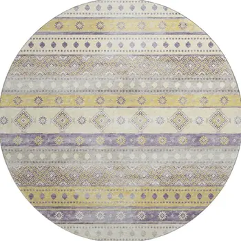8' Purple Ivory And Gold Tribal Washable Round Rug With UV Protection