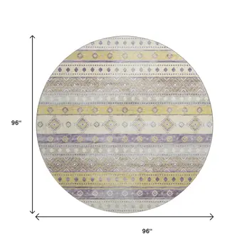 8' Purple Ivory And Gold Tribal Washable Round Rug With UV Protection