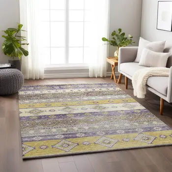 9' X 12' Purple Ivory And Gold Tribal Washable Area Rug With UV Protection