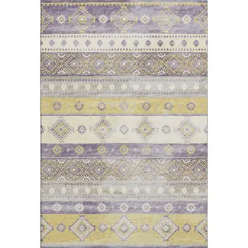 9' X 12' Purple Ivory And Gold Tribal Washable Area Rug With UV Protection