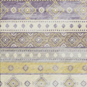 9' X 12' Purple Ivory And Gold Tribal Washable Area Rug With UV Protection