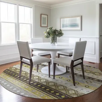 8' Gold Ivory And Gray Tribal Washable Round Rug With UV Protection
