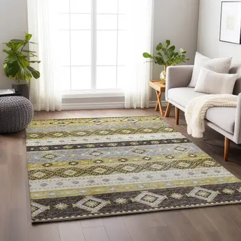 8' X 10' Gold Ivory And Gray Tribal Washable Area Rug With UV Protection