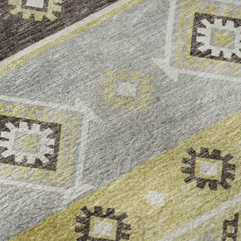 8' X 10' Gold Ivory And Gray Tribal Washable Area Rug With UV Protection