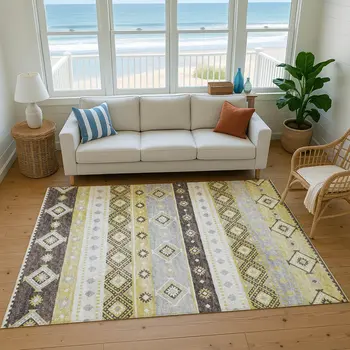 9' X 12' Gold Ivory And Gray Tribal Washable Area Rug With UV Protection