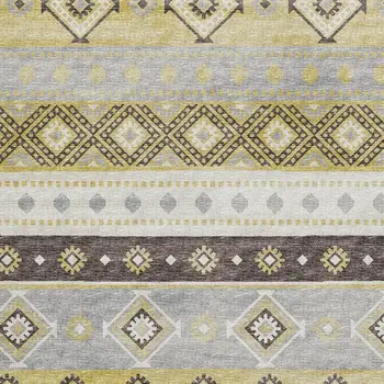 10' X 14' Gold Ivory And Gray Tribal Washable Area Rug With UV Protection