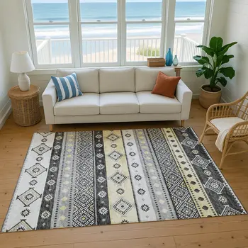 3' X 5' Gray Beige And Ivory Tribal Washable Area Rug With UV Protection