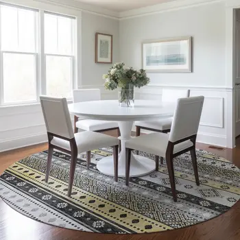 8' Gray Beige And Ivory Tribal Washable Round Rug With UV Protection