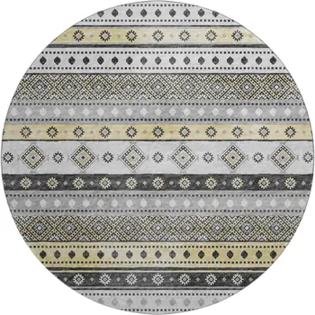 8' Gray Beige And Ivory Tribal Washable Round Rug With UV Protection