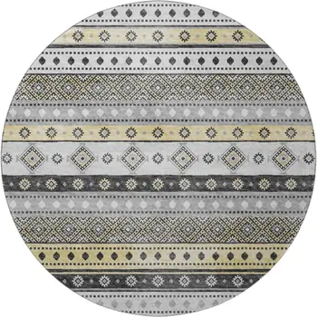 8' Gray Beige And Ivory Tribal Washable Round Rug With UV Protection